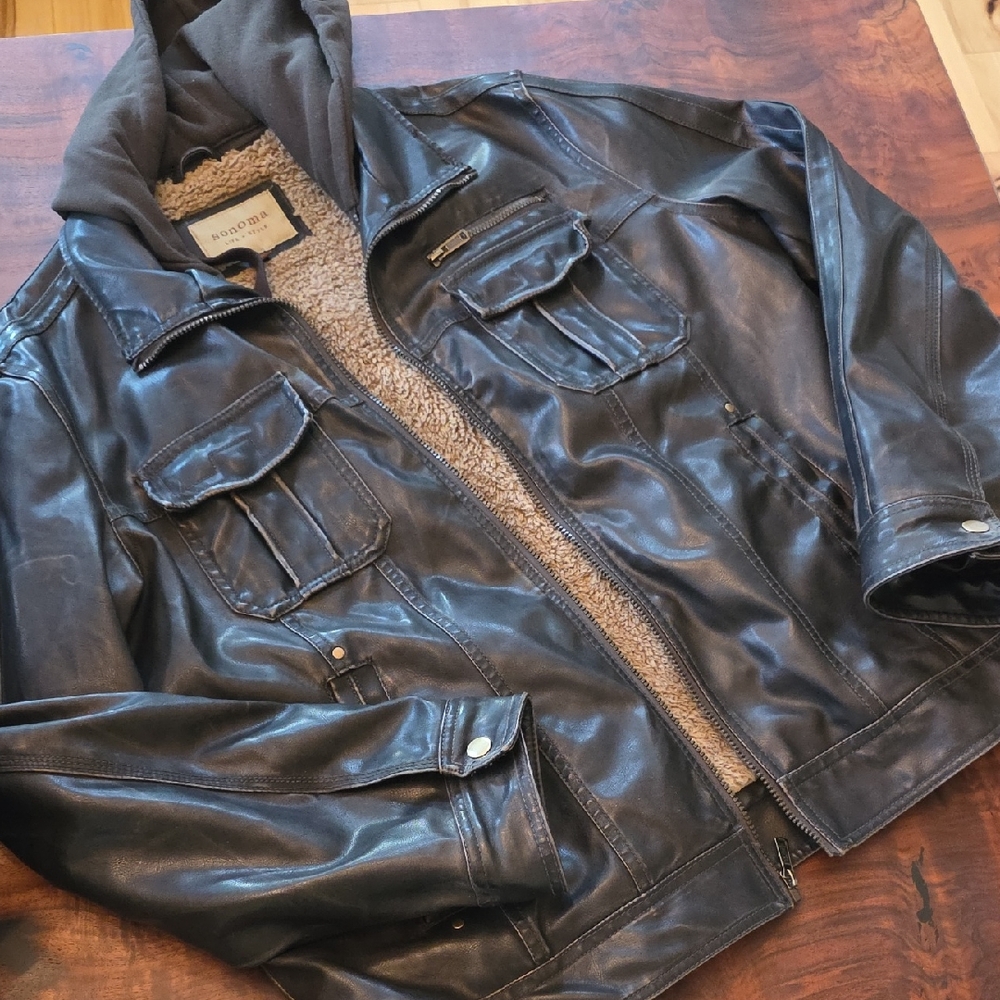 Sonoma Dark FAUX Leather Jacket with Lined With Hood LIKE NEW🎉